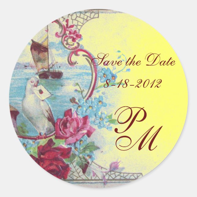 Pegatina Redonda ROMANTICA MONOGRAM,Save the Date,amarillo (Anverso)