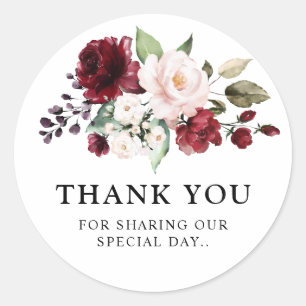 Pegatina Redonda Romántico acuarela burdeos rosa floral