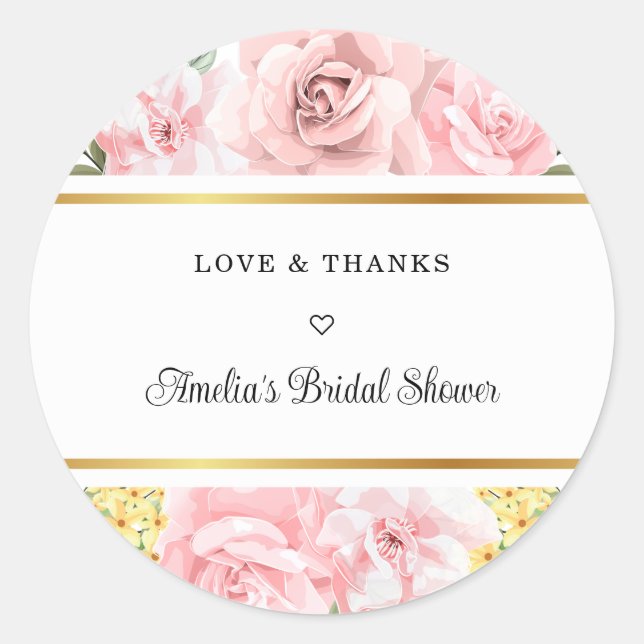 Pegatina Redonda Romántico amor floral rosa rosa y gracias novia (Anverso)