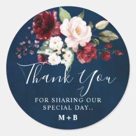 Pegatina Redonda Romántico Aquarela Rojo Burdeos Azul Marino Floral