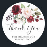 Pegatina Redonda Romántico Aquarela Rosa Floral Rojo Burdeos<br><div class="desc">Elegante y moderno sticker de agradecimiento de boda con aquarela romántica floral que presenta un ramo de rosas de color burdeos / Marsala, rosa claro, durazno con follaje a juego. Perfecto para una boda de otoño / mediados de verano. Por favor, busque más diseños y variaciones coincidentes en mi tienda...</div>