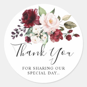 Pegatina Redonda Romántico Aquarela Rosa Floral Rojo Burdeos