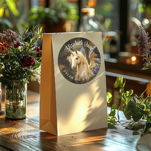 Pegatina Redonda Romántico bosque de cuentos de hadas Unicornio con (Subido por el creador)