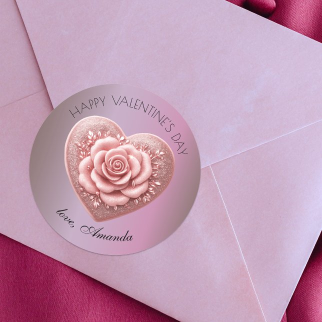 Pegatina Redonda Romántico Elegante Corazón Rosa Metálico San Valen (Subido por el creador)