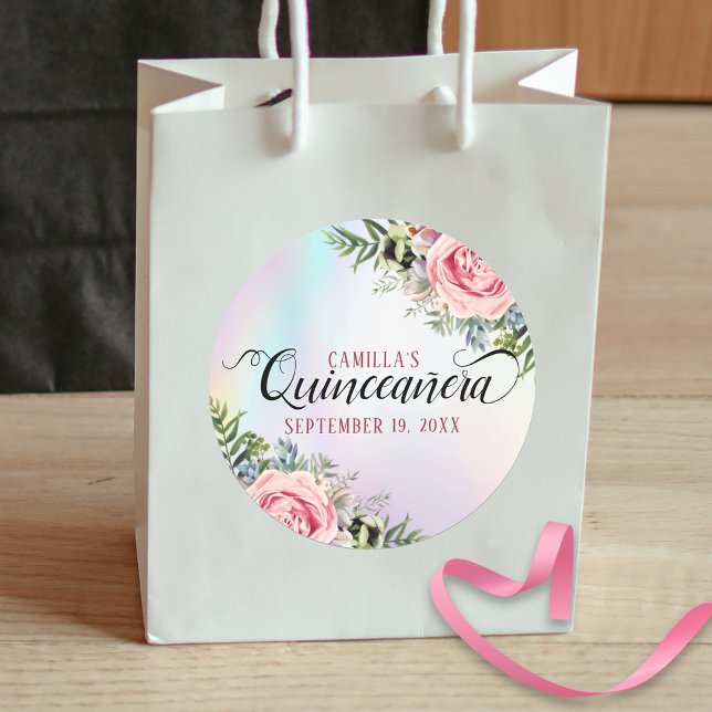 Pegatina Redonda Romántico elegante floral Quinceañera (Subido por el creador)