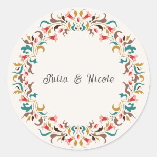 Pegatina Redonda Romántico Moderno Elegante Corona Floral Boda