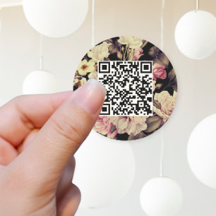 Pegatina Redonda Romántico Moody Floral QR Código Negro