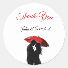 Pegatina Redonda Romántico parisino Red Umbrella Love Silhouette