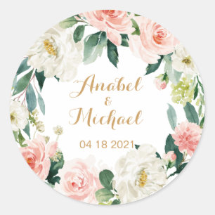 Pegatina Redonda Romántico Personalizado Floral Rosado