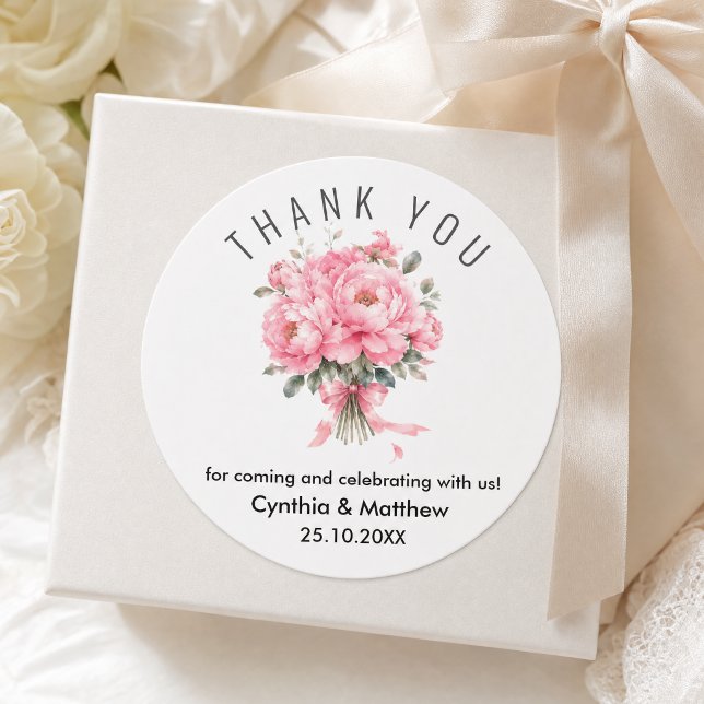 Pegatina Redonda Romántico Rosa Suave Gracias (#thankyou #weddingfavor #weddingthankyou #floralweddingthankyou #pinkfloral #watercolorpinkflowers)