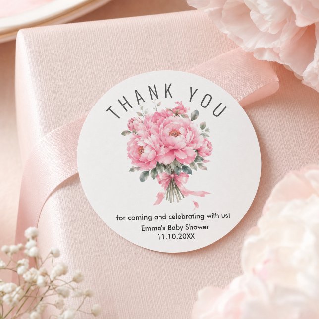 Pegatina Redonda Romántico Rosa Suave Gracias (#babyshowersticker #thankyoutsticker #pinkflowers #watercolorpinkflowerssticker #pinkfloralsticker )