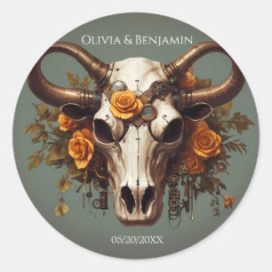 Pegatina Redonda Romántico Steampunk Floral Cow Skull Boda