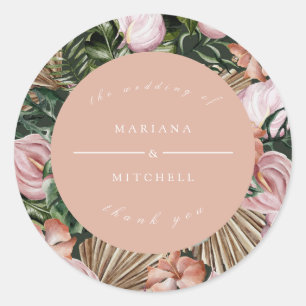 Pegatina Redonda Romántico Tropical Floral suave durazno verde rosa