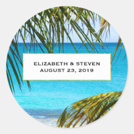 Pegatina Redonda Romántico Turquesa Tropical Beach Wedding
