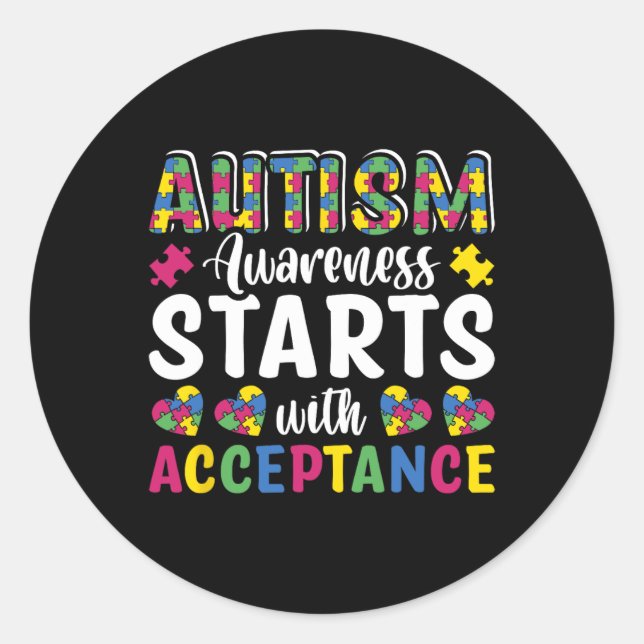 Pegatina Redonda Rompecabezas Autismo Conciencia Acepta Comprender  (Anverso)