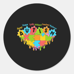 Pegatina Redonda Rompecabezas colorido Amor Corazón Autismo Retro C