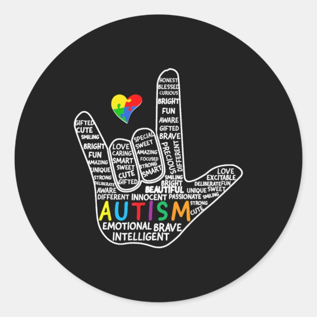 Pegatina Redonda Rompecabezas Corazón ASL Amor Rótulo Idioma Autism (Anverso)