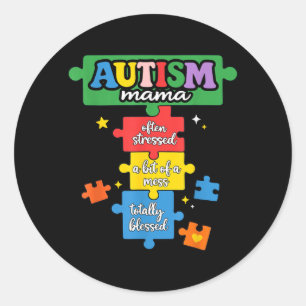 Pegatina Redonda Rompecabezas de Autismo Mamá Pieza de Rompecabezas