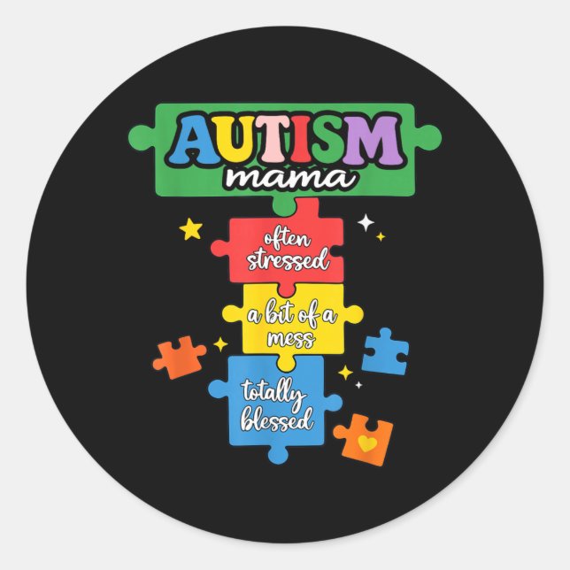 Pegatina Redonda Rompecabezas de Autismo Mamá Pieza de Rompecabezas (Anverso)