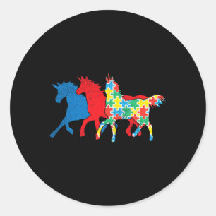 Pegatina Redonda Rompecabezas de Unicornios Azul Rojo Conciencia de