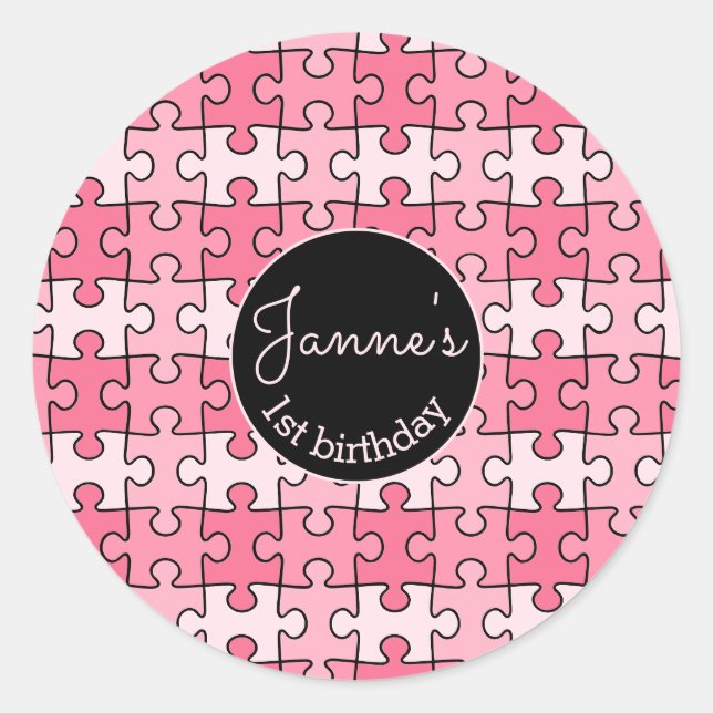 Pegatina Redonda Rompecabezas negras de color rosado (Anverso)