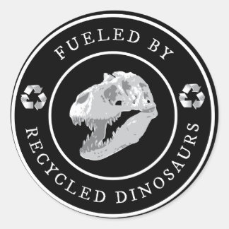 Pegatina Redonda Ronda alimentada por dinosaurios reciclados - blan