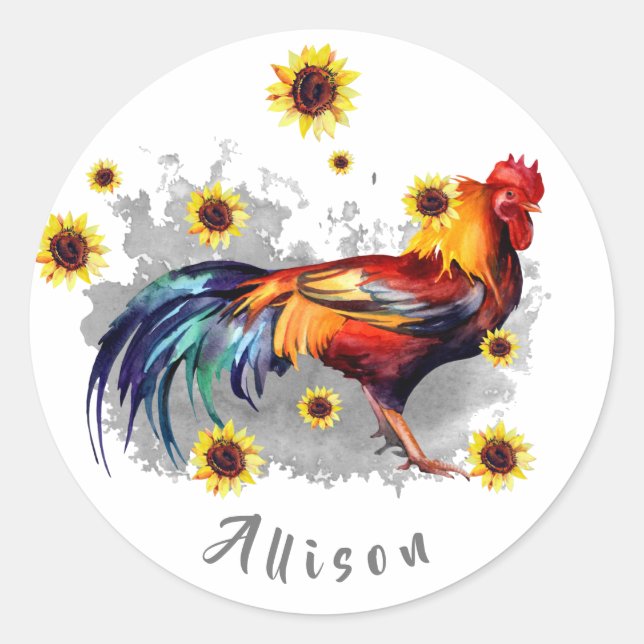 Pegatina Redonda Rooster con girasoles personalizado (Anverso)