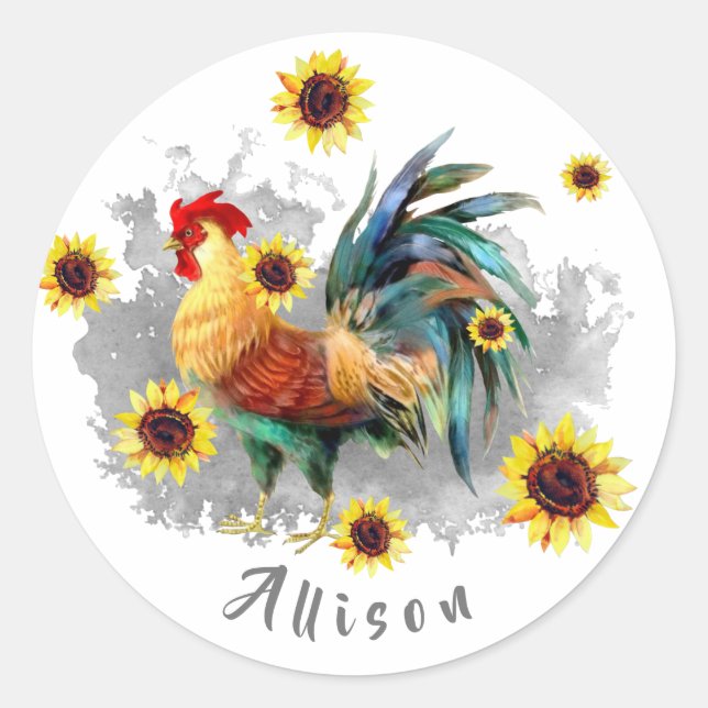 Pegatina Redonda Rooster con girasoles personalizado (Anverso)