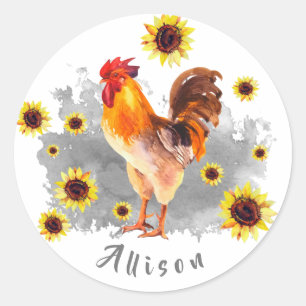 Pegatina Redonda Rooster con girasoles personalizado