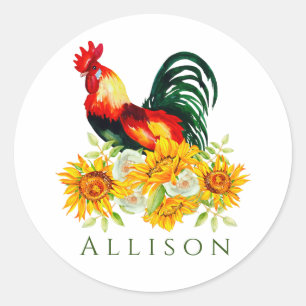 Pegatina Redonda Rooster con girasoles personalizado