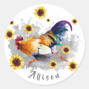Pegatina Redonda Rooster con girasoles personalizados redondo clási