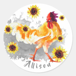 Pegatina Redonda Rooster con girasoles personalizados redondo clási