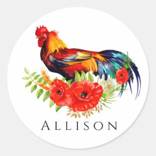 Pegatina Redonda Rooster con Poppies Personalizados