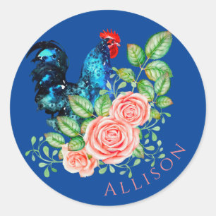 Pegatina Redonda Rooster con Rosas personalizados
