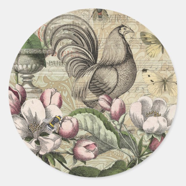 Pegatina Redonda Rooster Garden Flower Butfly Art (Anverso)