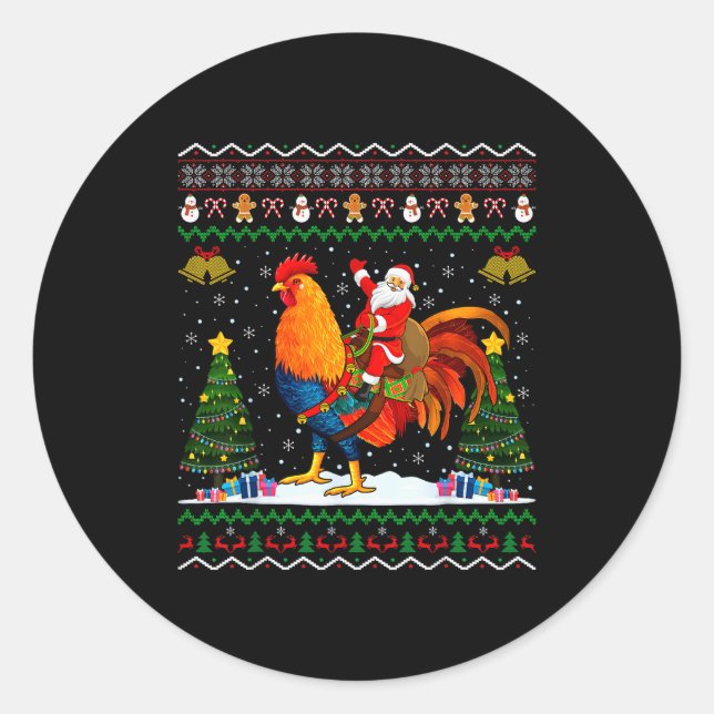 Pegatina Redonda Rooster Ugly Xmas Gift Santa Riding Rooster Christ (Anverso)