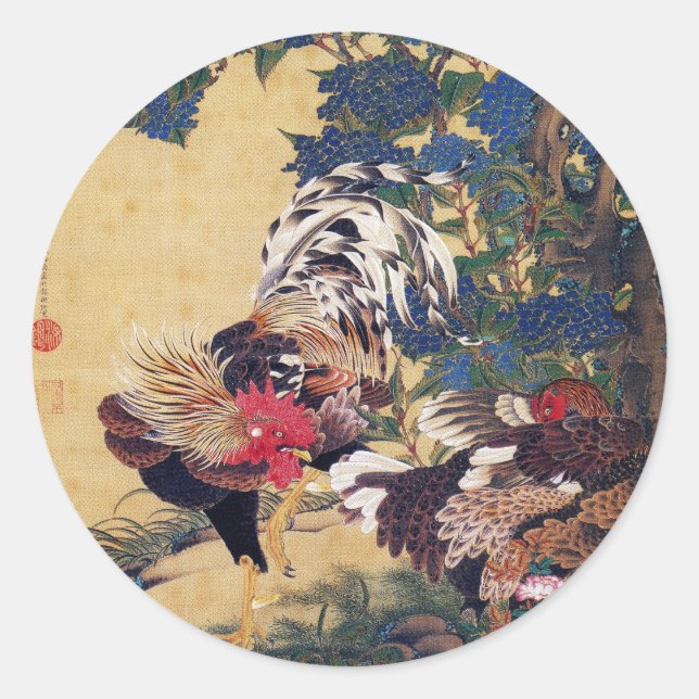 Pegatina Redonda Rooster y Hen (Anverso)