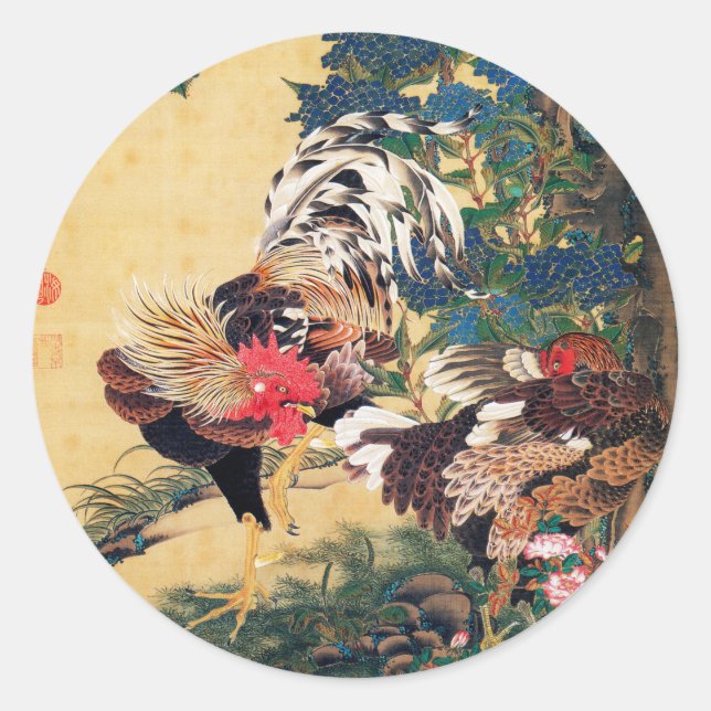 Pegatina Redonda Rooster y Hen con Hydrangeas de Ito Jakuchu (Anverso)