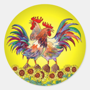 Pegatina Redonda ROOSTERS DE SOL por SHARON SHARPE