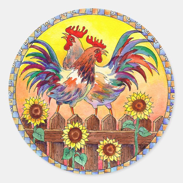 Pegatina Redonda ROOSTERS DE SOL por SHARON SHARPE (Anverso)