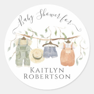 Pegatina Redonda Ropa de Bebé Acuarela Cottagecore Boy Shower