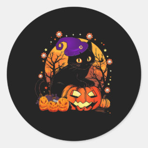 Pegatina Redonda Ropa De Calabaza De Halloween De Gato Negro Retro