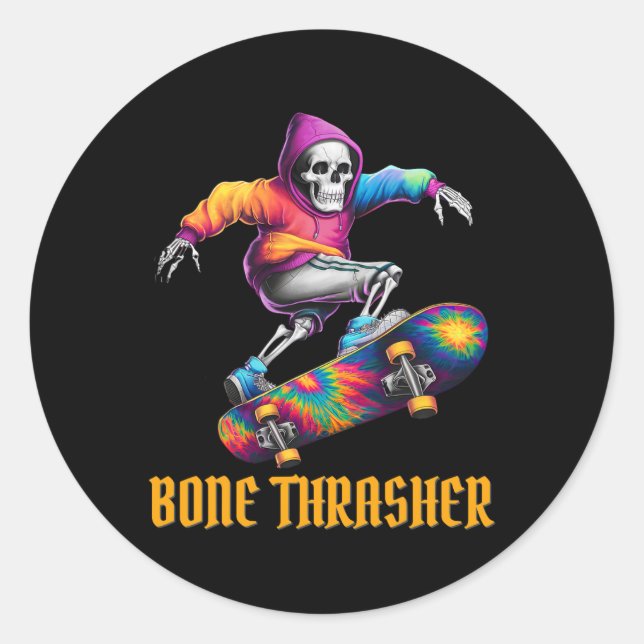Pegatina Redonda Ropa de Halloween de Skeleton Thrasher (Anverso)