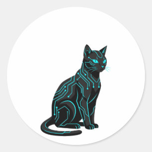 Pegatina Redonda Ropa de jugador de gato ciberpunk futurista Cyber