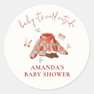 Pegatina Redonda Ropa de Juguetes de Invierno de color marrón rojo 