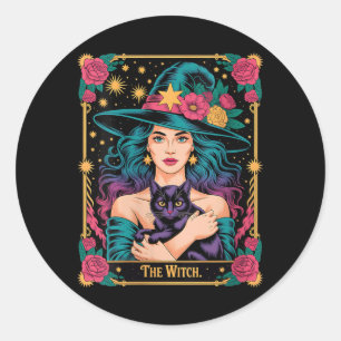 Pegatina Redonda Ropa de mujer La bruja Carta Halloween Gótico Bruj