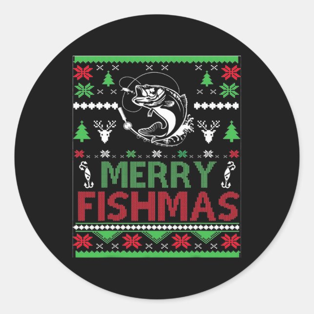 Pegatina Redonda Ropa de Pescado de Navidad Fea B (Anverso)