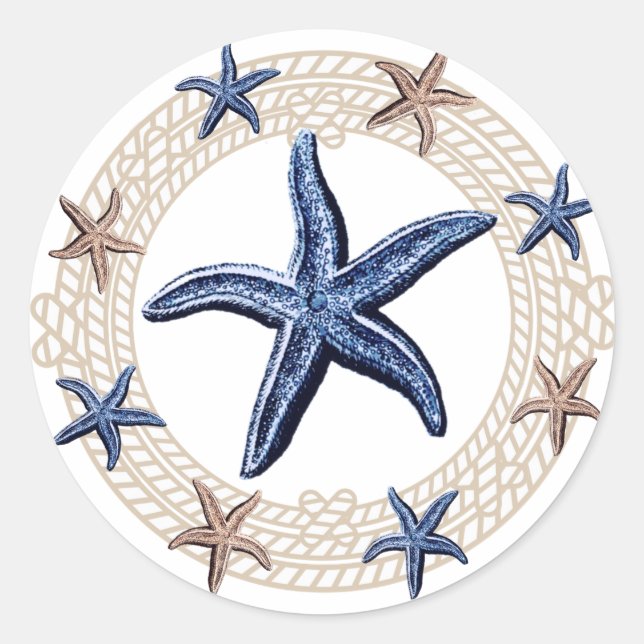 Pegatina Redonda Rope Wreath Nautical Navy Blue White Tan Starfish (Anverso)
