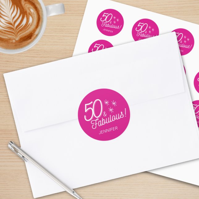 Pegatina Redonda Rosa 50 De Moda Y Fabuloso Cumpleaños (Subido por el creador)