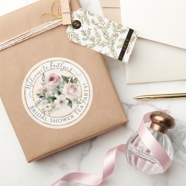 Pegatina Redonda Rosa acuático Floral Oro rosa Tea Bridal Ducha (Regalar)